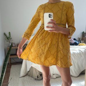 Mustard mini linen eyelet dress - with shorts & pockets! - Zara